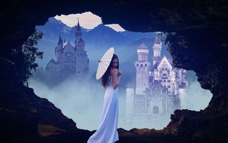 Fantasy landscape with cave and moon